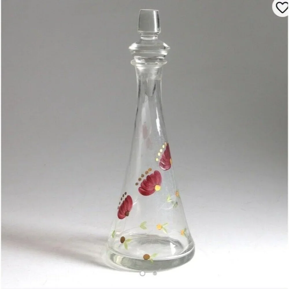 Hand Painted Glass Carafe with Cap, Decanter Vintage Romania Flowers Italy